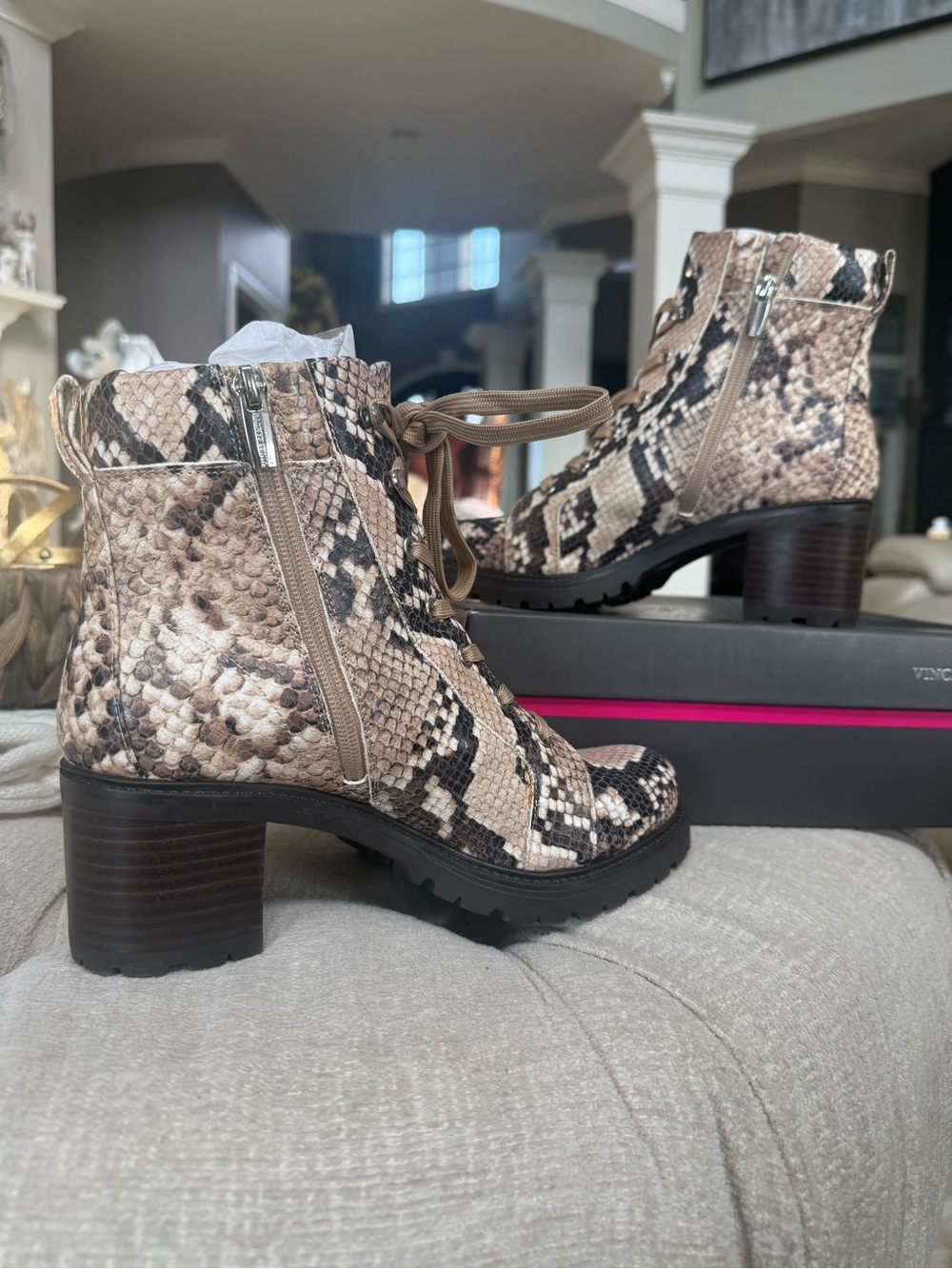 Vince Camuto Snake-Print Lace-Up Ankle Boots in Beige and Brown